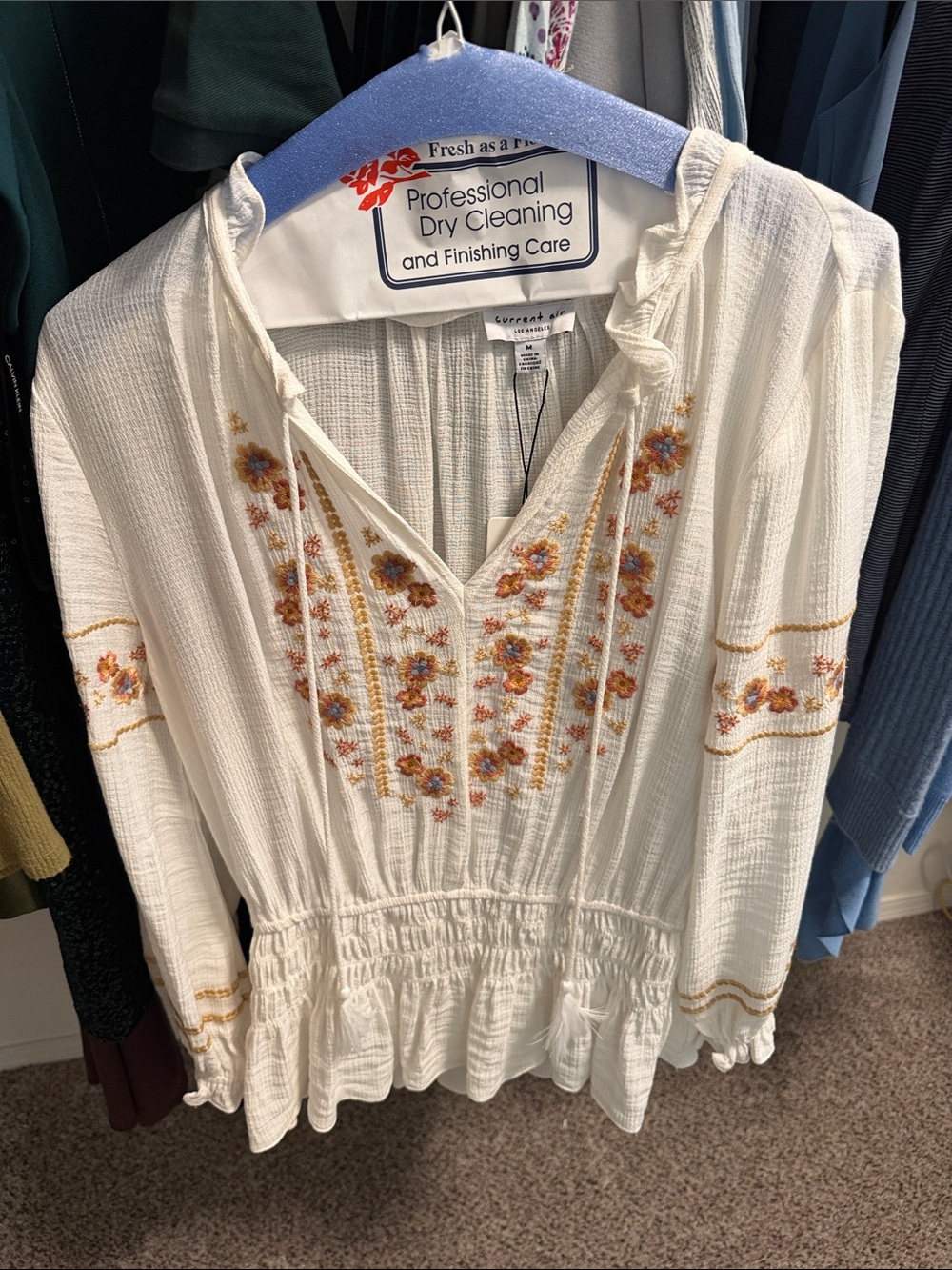 Current Air White Peasant Tunic with Peach & Blue Floral Embroidery